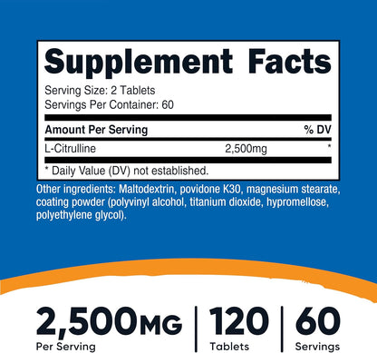 Nutricost L-Citrulline 2500mg per Serving – 120 Tablets (60 Servings)