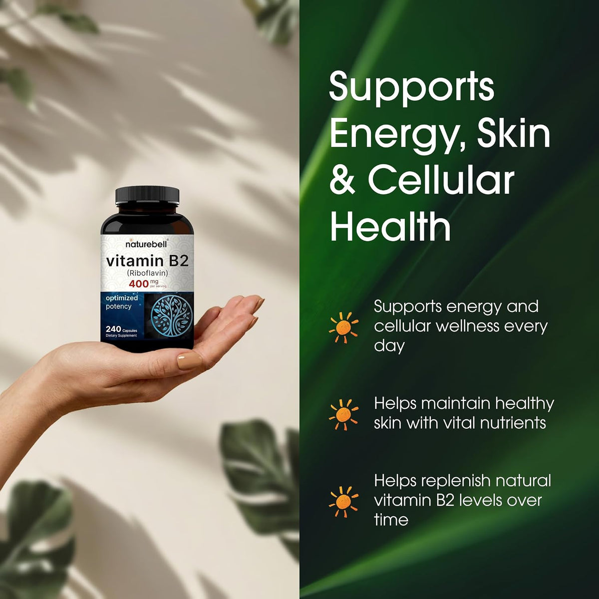 NatureBell Vitamin B2 (Riboflavin) 400mg - 240 Vegetarian Capsules - Energy & Cellular Health Supplement - görsel 4