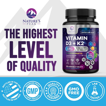 Vitamin D3 K2 5000 IU & 100 mcg MK-7 Berry Chew - 60 Chewable Tablets