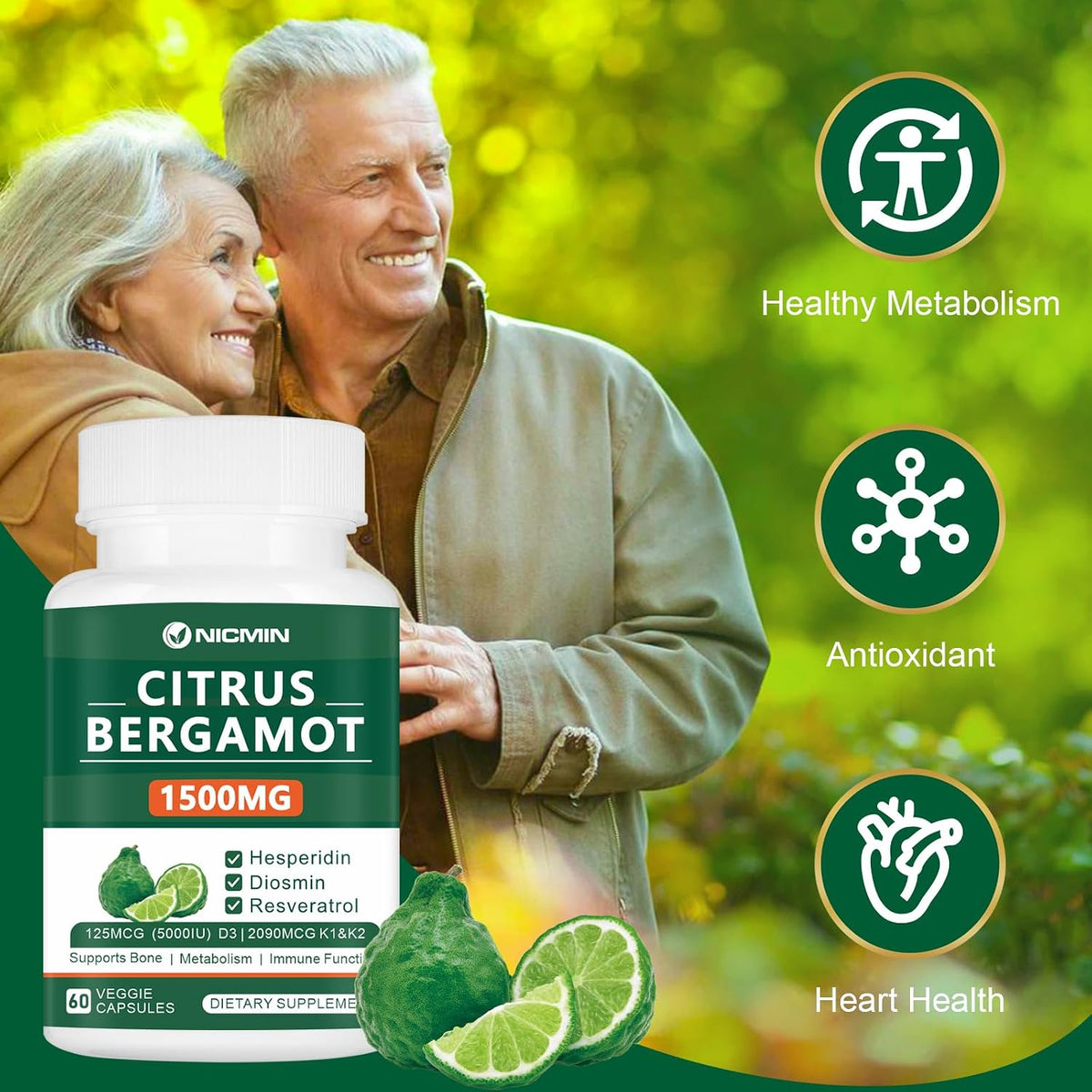 NICMIN Citrus Bergamot 1500mg with Hesperidin, Diosmin, Resveratrol, Vitamin D3, K1 & K2 - Supplement for Heart & Bone Health, 60 Vegetable Capsules - görsel 5