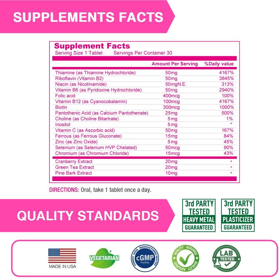 LOVITA B Complex for Women - High Potency Timed Release with Iron, Vitamin C, Cranberry, Pine Bark, Green Tea - görsel 3