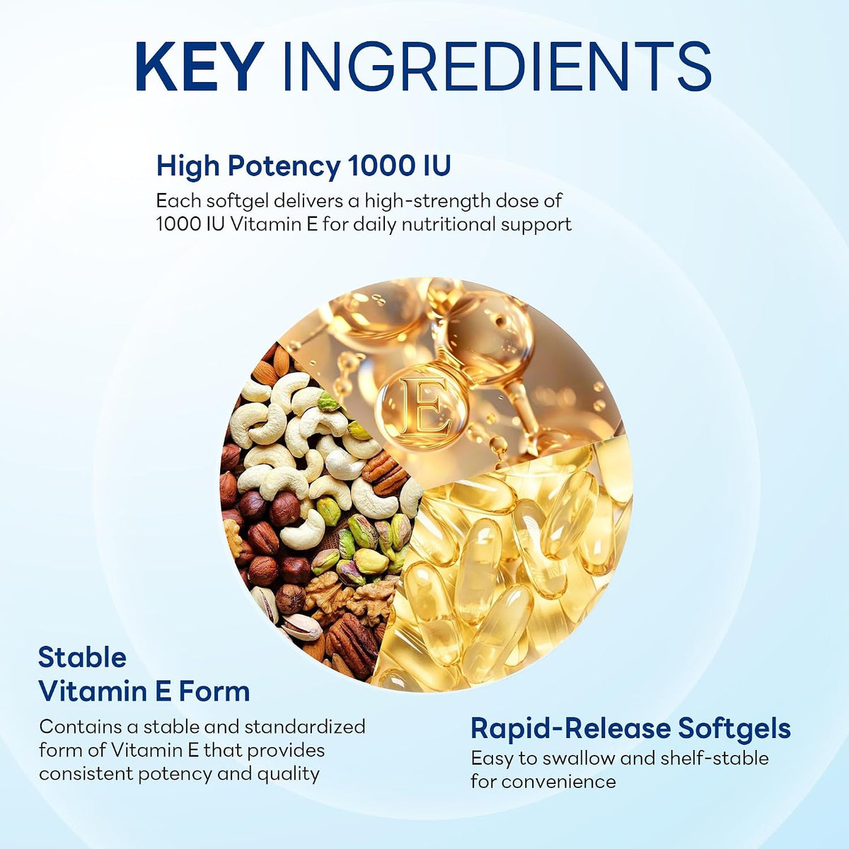 Vitamin World Vitamin E 1000 IU Softgels, 450mg dl-Alpha, 1 Soft gel capsule Daily, Supports Antioxidant Protection and Heart, Immune & Skin Health, Gluten-Free, 100 Servings - görsel 5