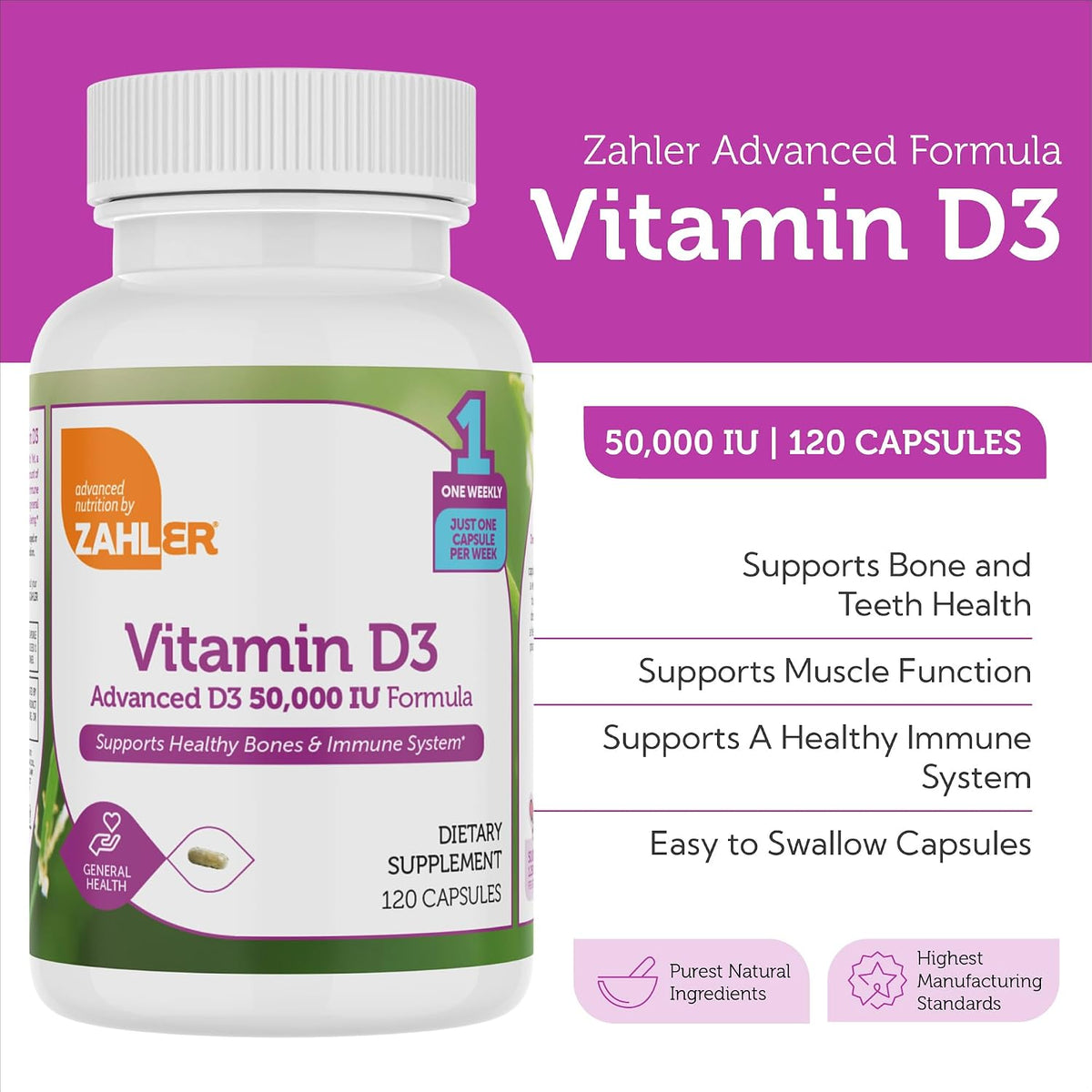 Zahler Advanced Vitamin D3 50000 IU Capsules – Weekly Supplement for Immune, Bone and Teeth Support (120 Count) - görsel 3