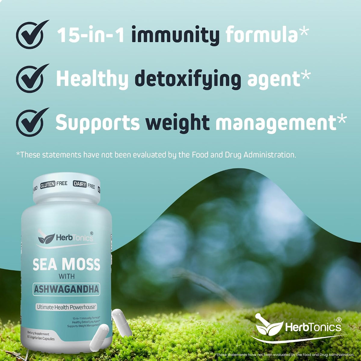 Herbtonics Sea Moss, Black Cumin Seed, Ashwagandha, Burdock Root & Apple Cider Vinegar Complex - 60 Capsules - görsel 3
