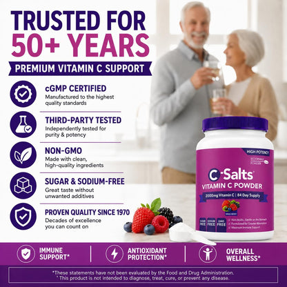 C-Salts Buffered Vitamin C Powder – Organic, Stomach-Friendly Vitamin C Drink – Mixed Berry, 227g (84 Servings)
