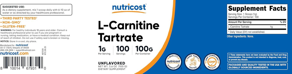 Nutricost L-Carnitine Tartrate Powder (100 g) – 1 Gram per Serving, 100 Servings - görsel 7