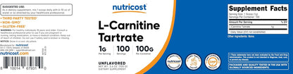 Nutricost L-Carnitine Tartrate Powder (100 g) – 1 Gram per Serving, 100 Servings