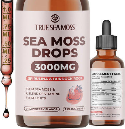 TrueSeaMoss Irish Sea Moss Liquid Drops – Black Cumin Seed Oil, Bladderwrack Extract, Burdock Root, Vitamin C & Zinc – Apple Flavour – 30 Servings