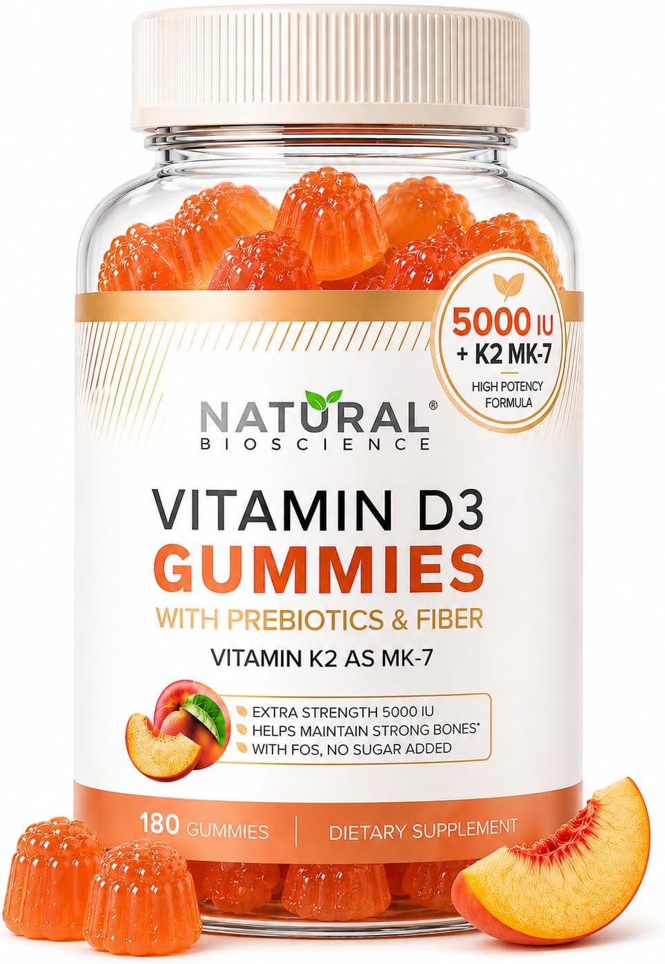 Sugar Free Vitamin D3 K2 Gummies 5000 IU + K2 MK7 80 mcg – Natural Peach Flavour - görsel 9