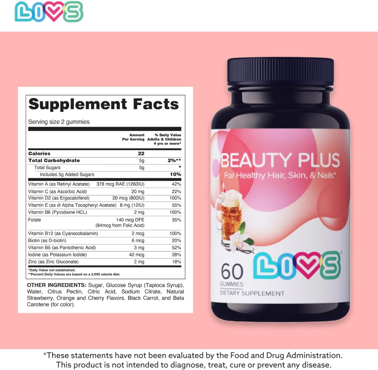 LIVS Beauty Plus Gummy Vitamins - Biotin Gummies for Hair, Skin and Nails | Natural, Gluten-Free, Non-GMO Beauty Supplement with Vitamin A, C, E, B12, D2, Zinc & More - Cream Soda Flavour - 60 Count - görsel 4