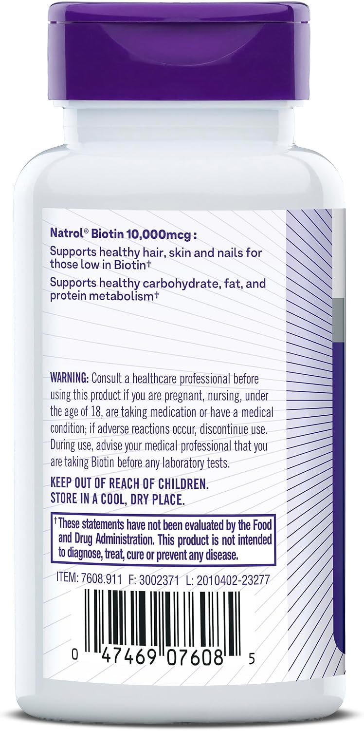 Natrol Biotin 10000mcg for Healthy Hair, Skin and Nails, 200 Tablets - görsel 7