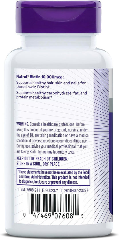Natrol Biotin 10000mcg for Healthy Hair, Skin and Nails, 200 Tablets