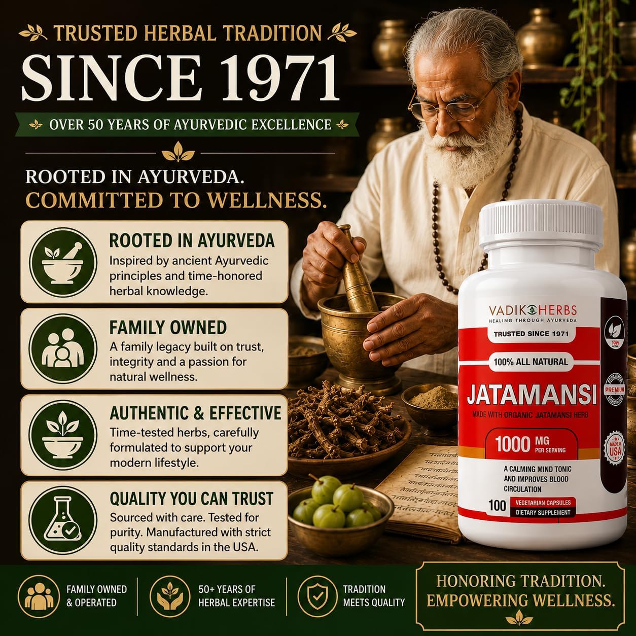 Vadik Herbs Jatamansi Capsules - 1000mg Organic Jatamansi Root for Calmness, Mental Clarity & Restful Sleep - 100 Vegetarian Capsules - görsel 5