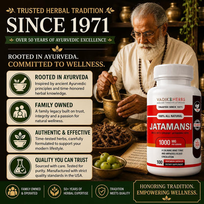 Vadik Herbs Jatamansi Capsules - 1000mg Organic Jatamansi Root for Calmness, Mental Clarity & Restful Sleep - 100 Vegetarian Capsules