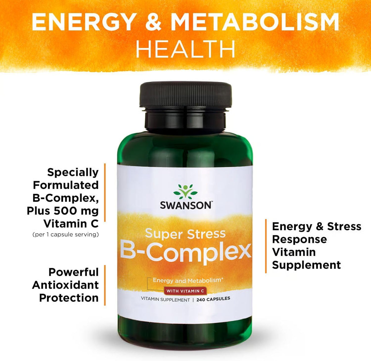 Swanson Super Stress B-Complex Energy and Wellness Food Supplement (240 Capsules, 2 Pack) - görsel 5