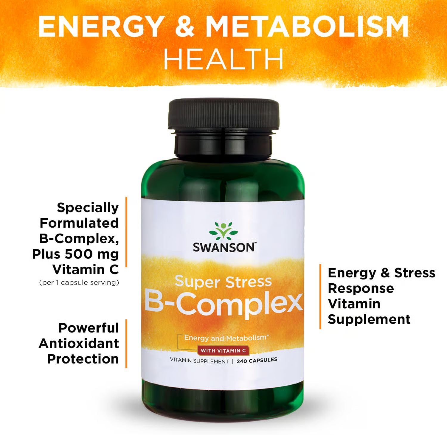 Swanson Super Stress B-Complex Energy and Wellness Food Supplement (240 Capsules, 2 Pack) - görsel 5