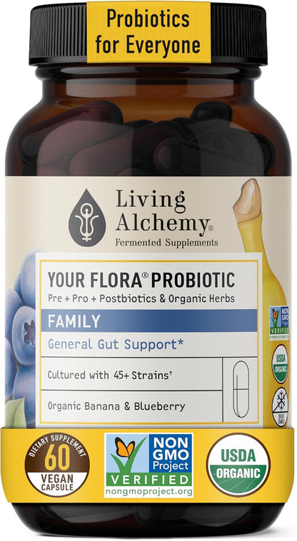 Your Flora Probiotic Family – Non-GM Probiotics with Fermented Soybean, Banana, and Blueberry for Digestive Health & Gut Wellness – Prebiotics, Postbiotics, Digestive Enzymes – Living Alchemy, 60 Capsules