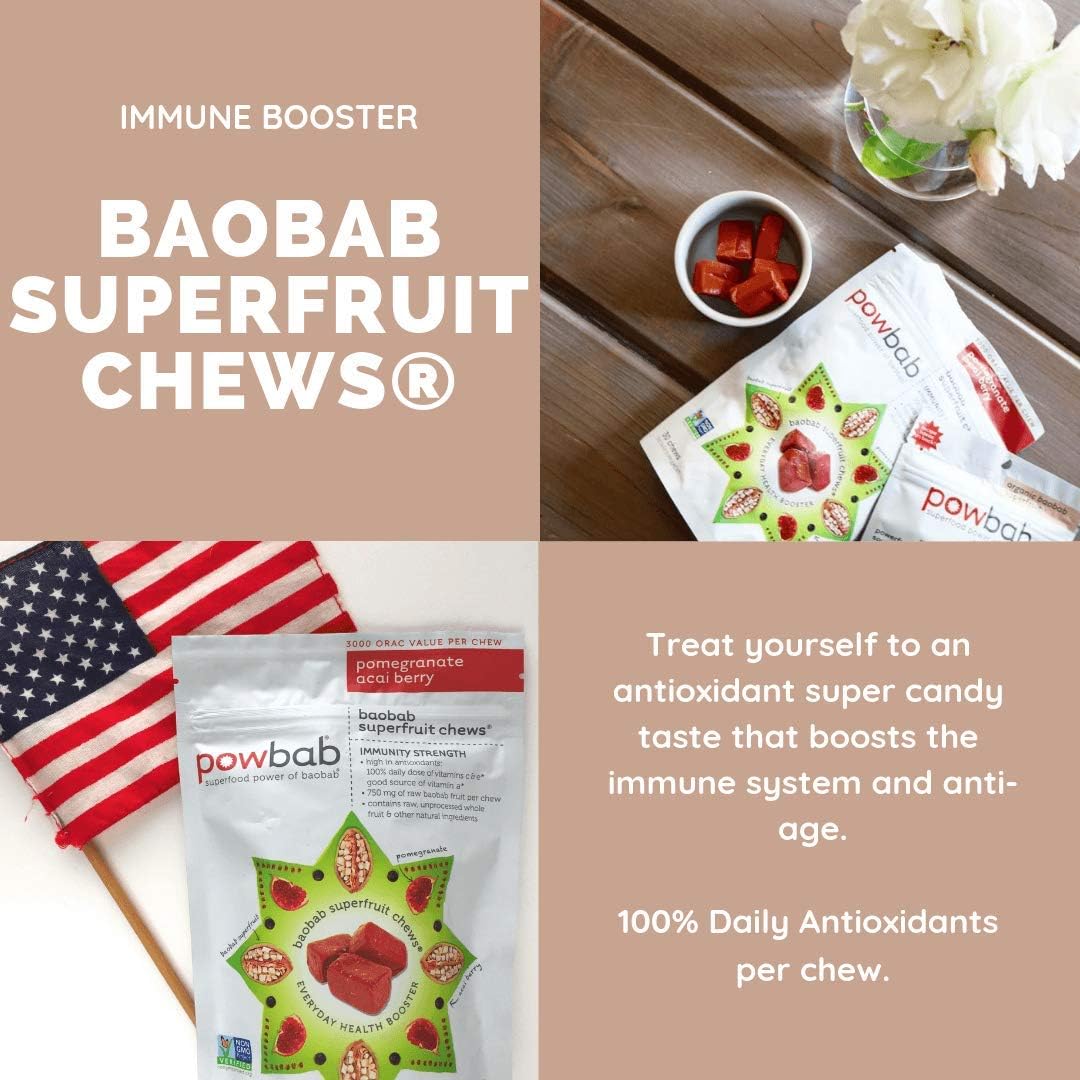 Powbab Baobab Superfruit Chews - 750mg Raw Baobab Powder, Organic, Immune Superfood, Antioxidant Blend with Acai & Pomegranate, Non-GMO, 30 Chews - görsel 2
