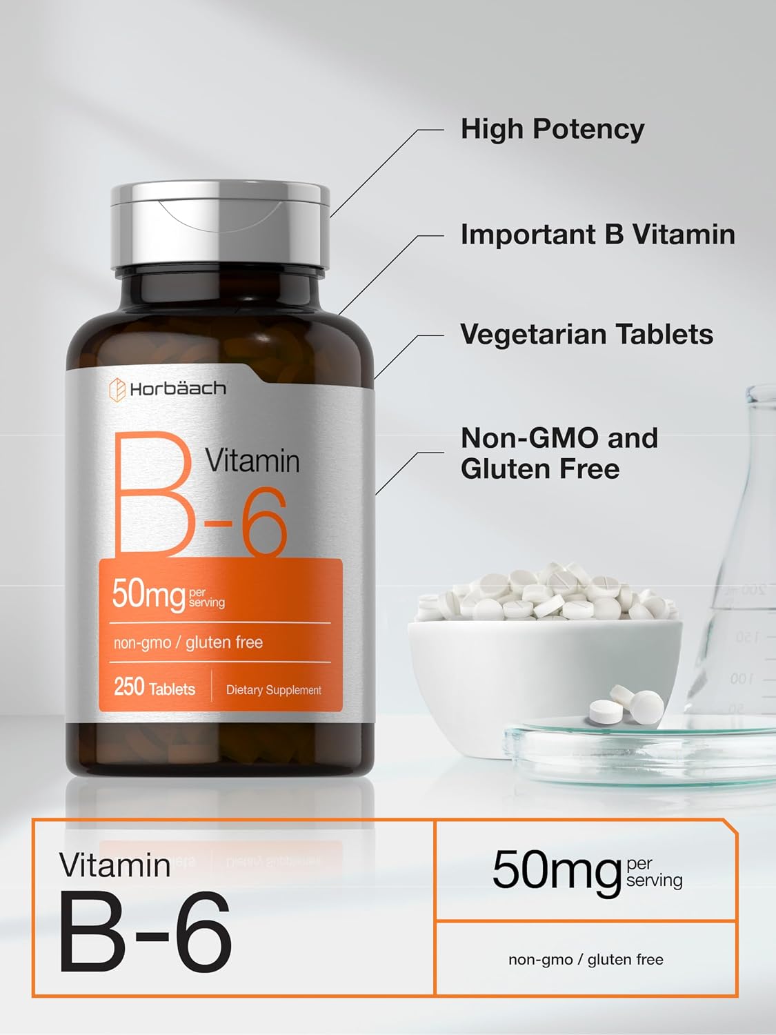 Horbäach Vitamin B6 50mg | 250 Tablets | Non-GMO & Gluten-free Food Supplement - görsel 4