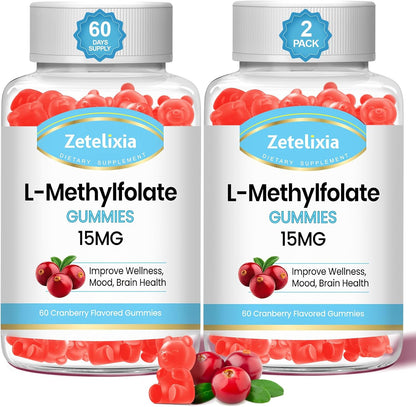 L-Methylfolate 15mg & Methyl B12 Gummies - Sugar Free, Vegan, Raspberry Flavour (60 Count)