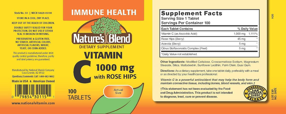Nature's Blend Vitamin C 1000mg with Rose Hips Tablets, 100 Count - görsel 2