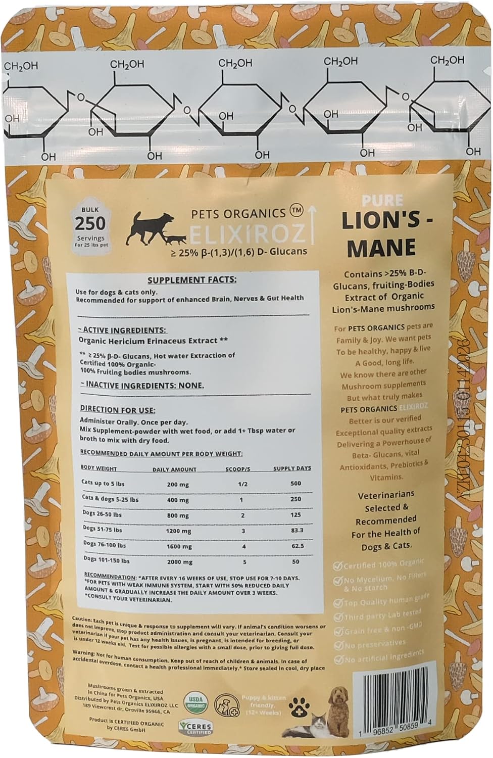 PETS ORGANICS ELIXIROZ Lion's Mane Mushroom Extract for Dogs and Cats – 25% Beta Glucans – Fruiting Body Concentrate – 250 Servings - görsel 4