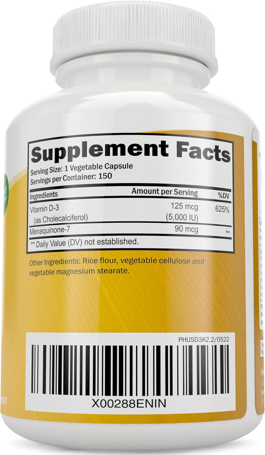 Purely Holistic Vitamin D3 K2 | 5,000 IU D3 + 90 mcg K2 (MK-7) | 150 Capsules (5-Month Supply) - görsel 2