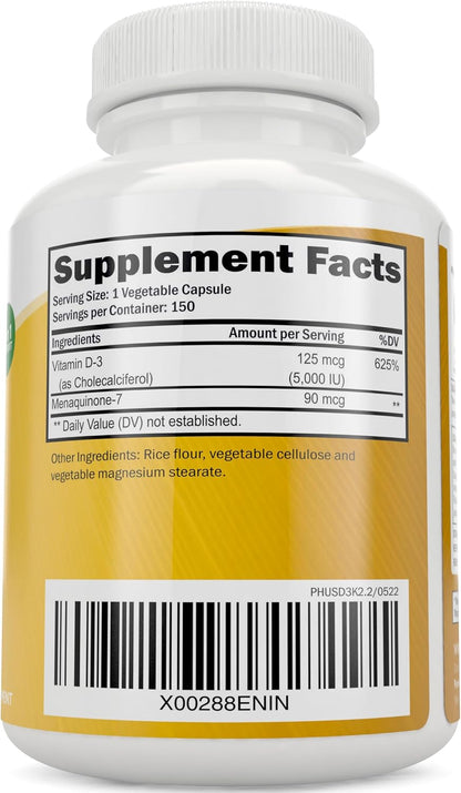 Purely Holistic Vitamin D3 K2 | 5,000 IU D3 + 90 mcg K2 (MK-7) | 150 Capsules (5-Month Supply)