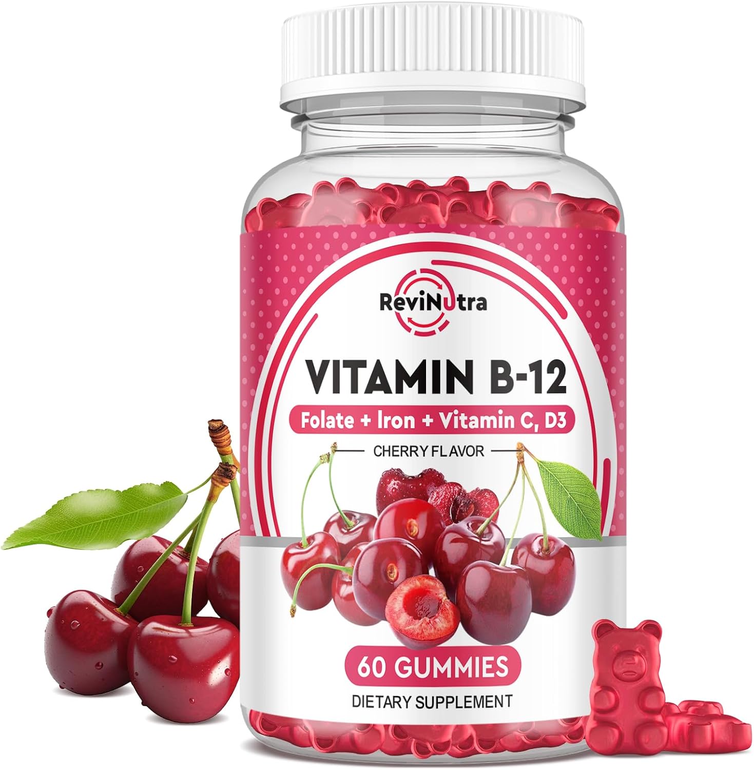 Vitamin B12 Gummies - 5000 mcg Methylcobalamin Complex with Iron, Vitamin C, D3 & Folate - Energy & Immunity Support - Vegan, Cherry Flavour - 60 Gummies - görsel 1