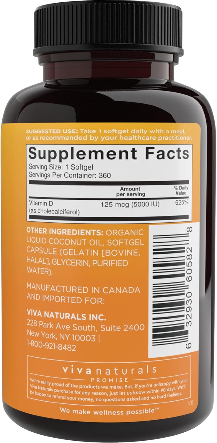 Viva Naturals Vitamin D3 5000 IU Softgels, 360 Count – For Bone & Immune Health - görsel 9