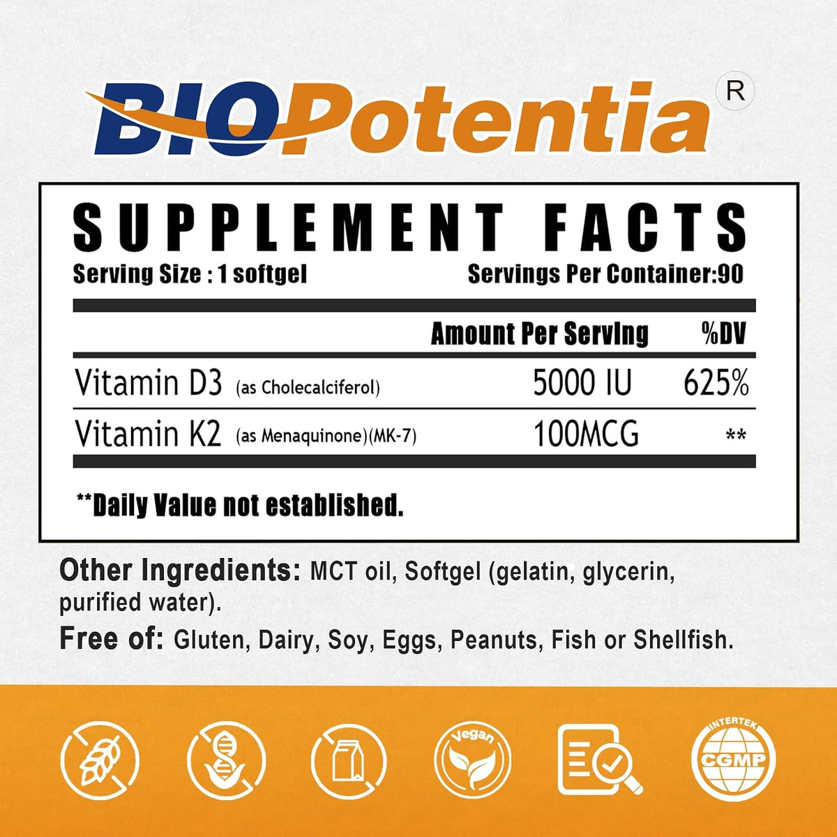 BIO POTENTIA Vitamin D3 K2 with MCT Oil Supplement, 5000 IU & 100 mcg MK‑7, 90 Soft gel capsules - görsel 2
