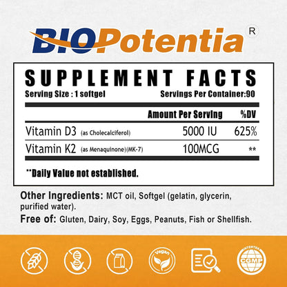 BIO POTENTIA Vitamin D3 K2 with MCT Oil Supplement, 5000 IU & 100 mcg MK‑7, 90 Soft gel capsules