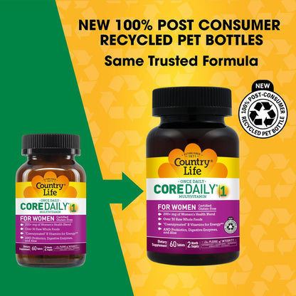Country Life Women's Core 1 Daily Multivitamin with Iron, Cranberry, Probiotics, and Digestive Enzymes, 60 Tablets