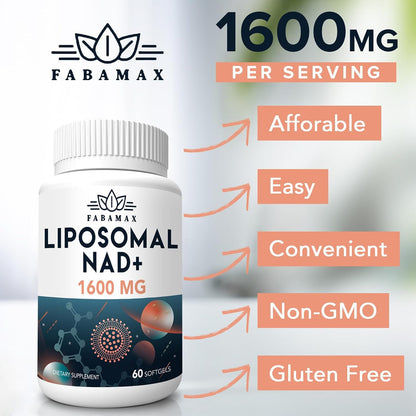 Fabamax 1600 mg Liposomal NAD+ Supplement – 98% Pure NAD+, Superior Absorption, 120 Softgels