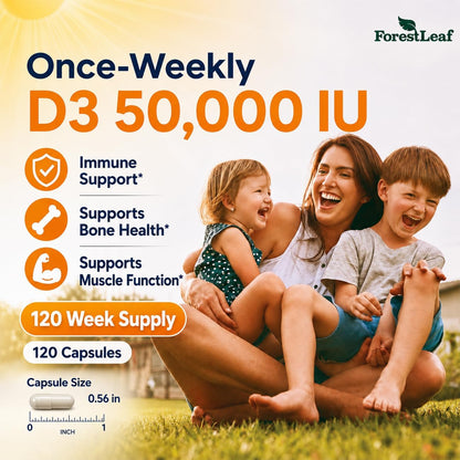 ForestLeaf Vitamin D3 50,000 IU - Weekly Food Supplement for Bone and Immune Support