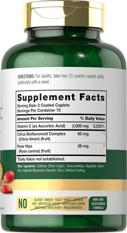 Carlyle Vitamin C 2000mg with Rose Hips - 150 Caplets | Vegetarian, Non-GMO, Gluten-free