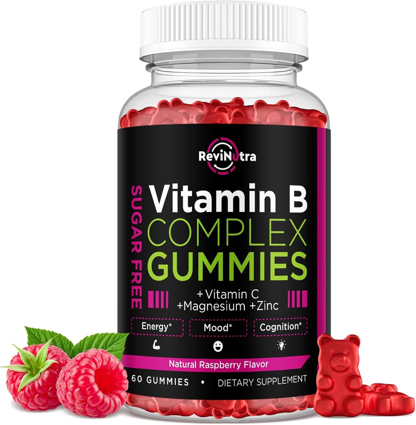 Vitamin B Complex Gummies for Women and Men with B12, B1, B2, B3, B6, B7, B9, Vitamin C, Zinc, Magnesium & CoQ10 - Natural Raspberry Flavour, 60 Gummies - görsel 1