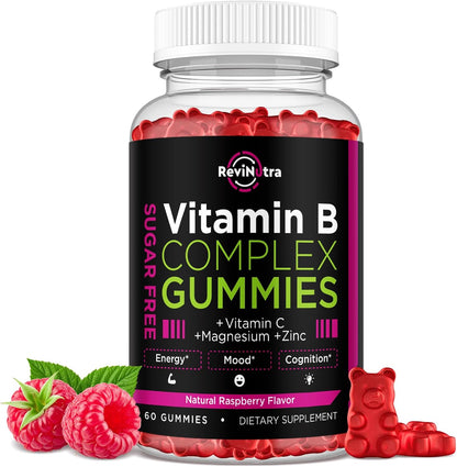 Vitamin B Complex Gummies for Women and Men with B12, B1, B2, B3, B6, B7, B9, Vitamin C, Zinc, Magnesium & CoQ10 - Natural Raspberry Flavour, 60 Gummies