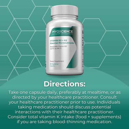 MYOXCIENCE Vitamin D3 + K2 Essential Micronutrients | 6,000 IU D3 & 150 mcg K2 MK-7 | 90 Vegetarian Capsules