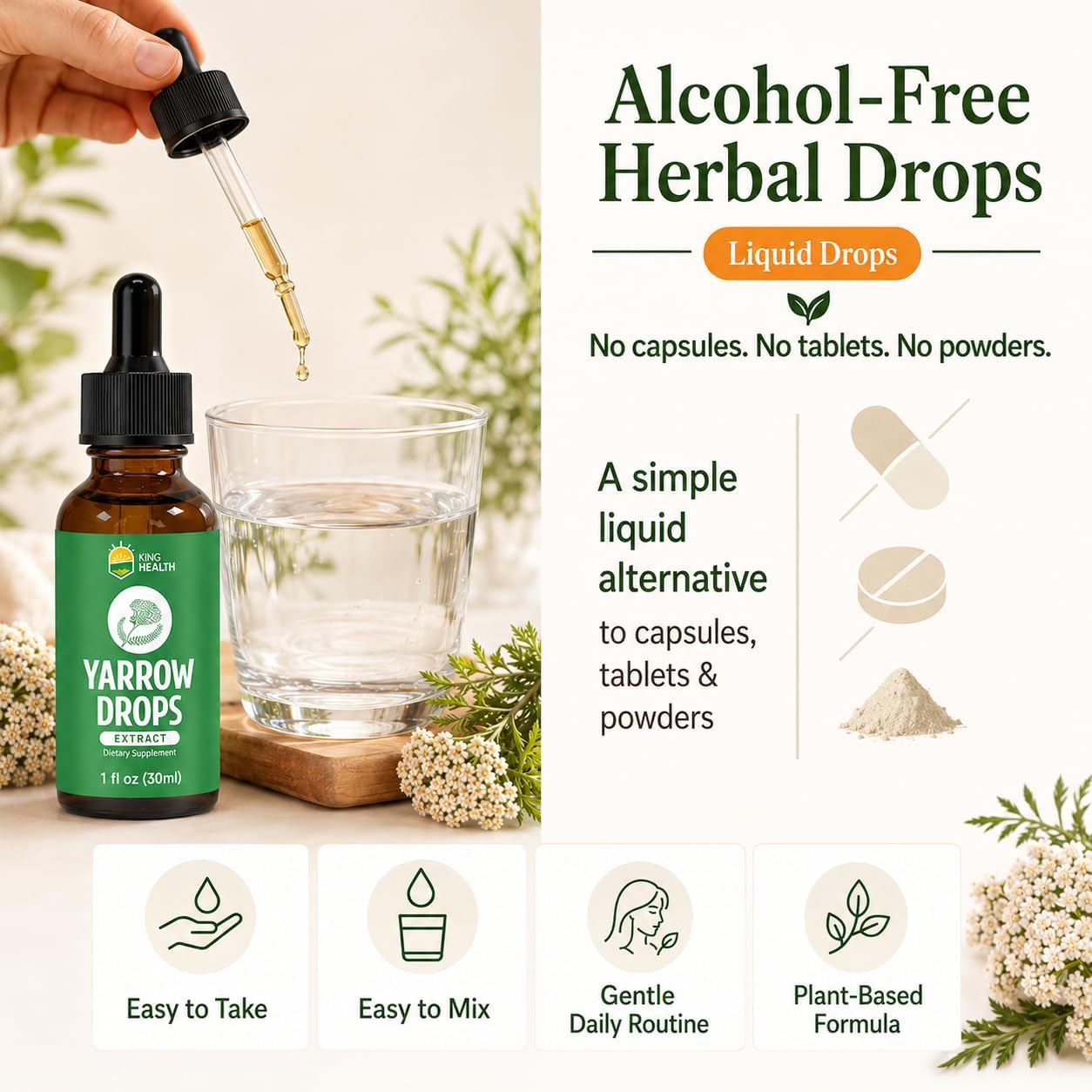 KingHealth Organic Yarrow Herb Tincture – Alcohol-Free Achillea Millefolium Extract for Women – 30 ml - görsel 5
