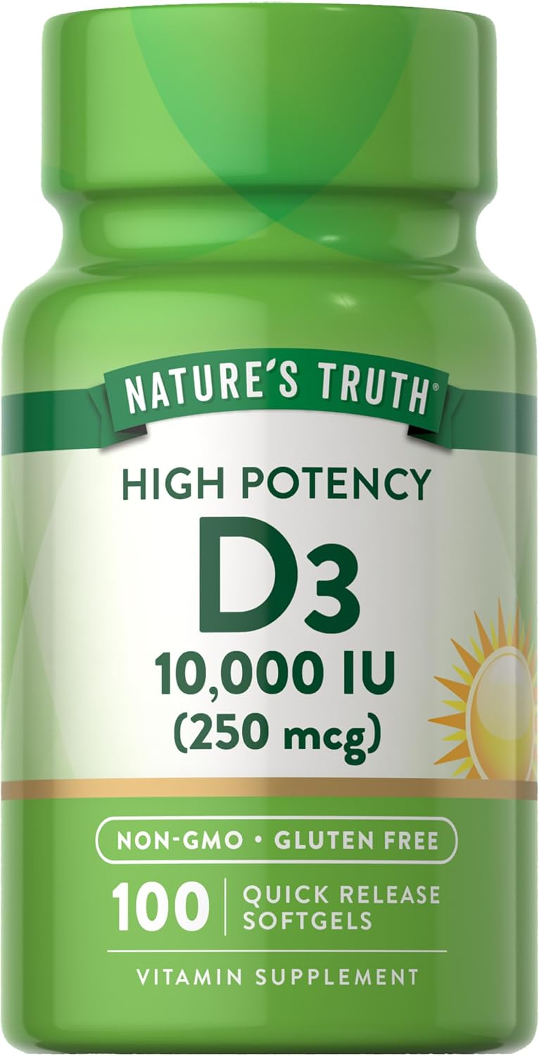 Nature's Truth Vitamin D3 10,000 IU Softgels – 100 Capsules – High Strength, Non-GMO, Gluten-free - görsel 1