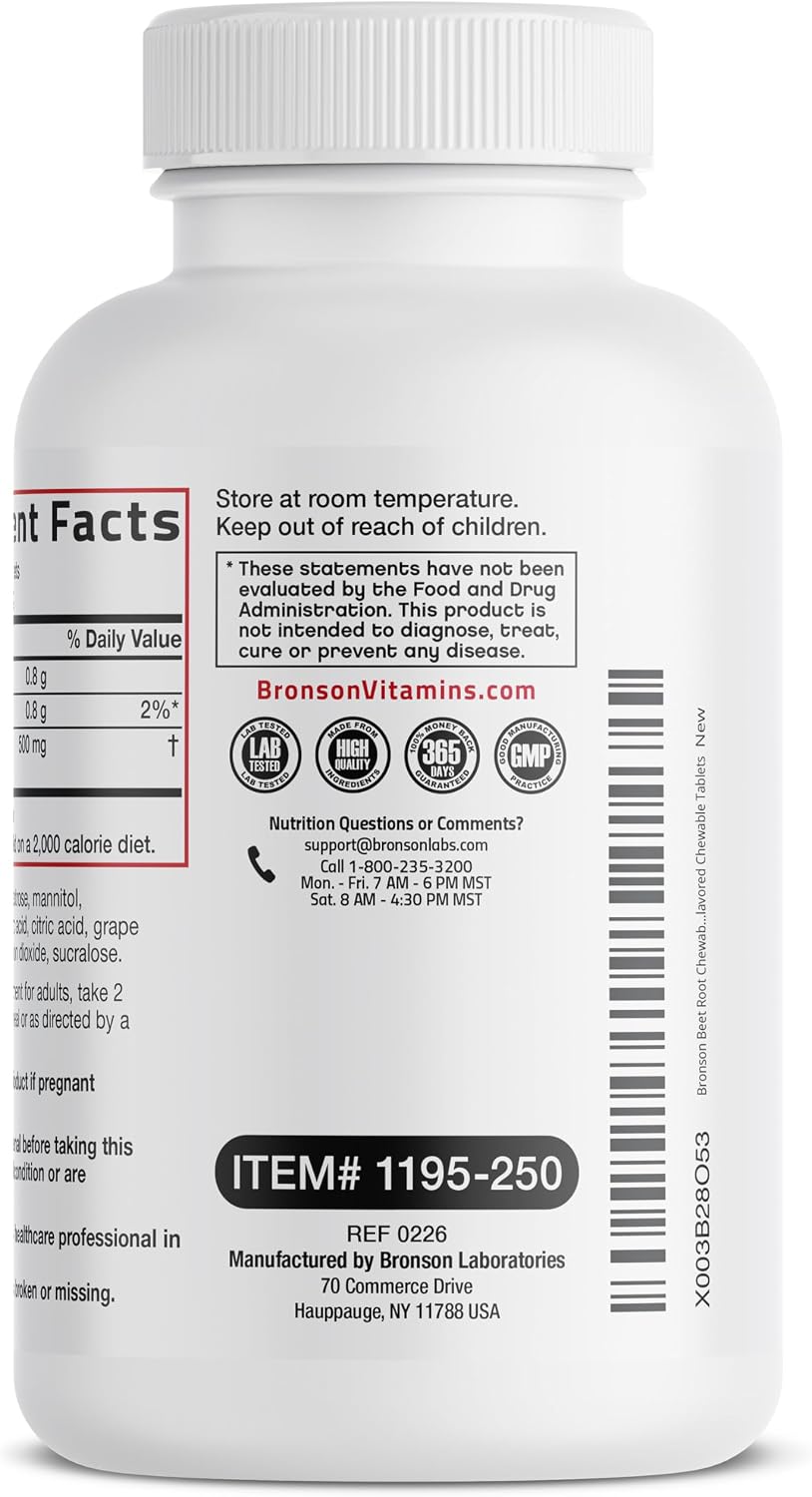 Bronson Beet Root Chewables, Grape Flavoured - Extra Strength, Non-GMO, 250 Chewable Tablets - görsel 5