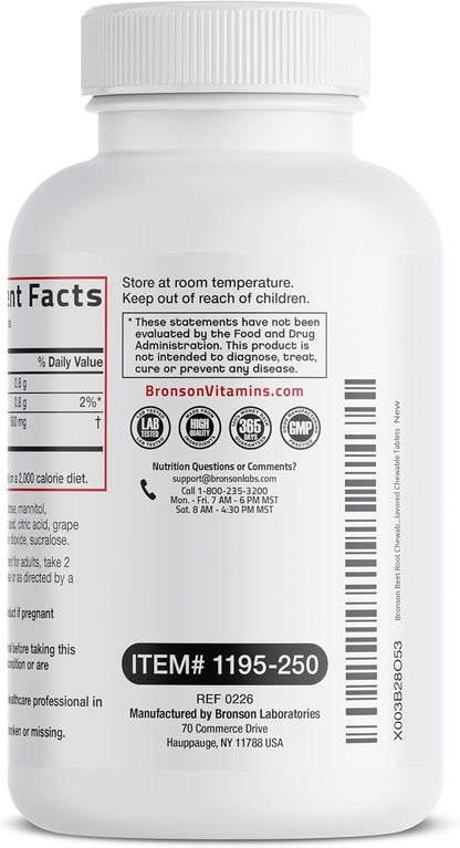 Bronson Beet Root Chewables, Grape Flavoured - Extra Strength, Non-GMO, 250 Chewable Tablets
