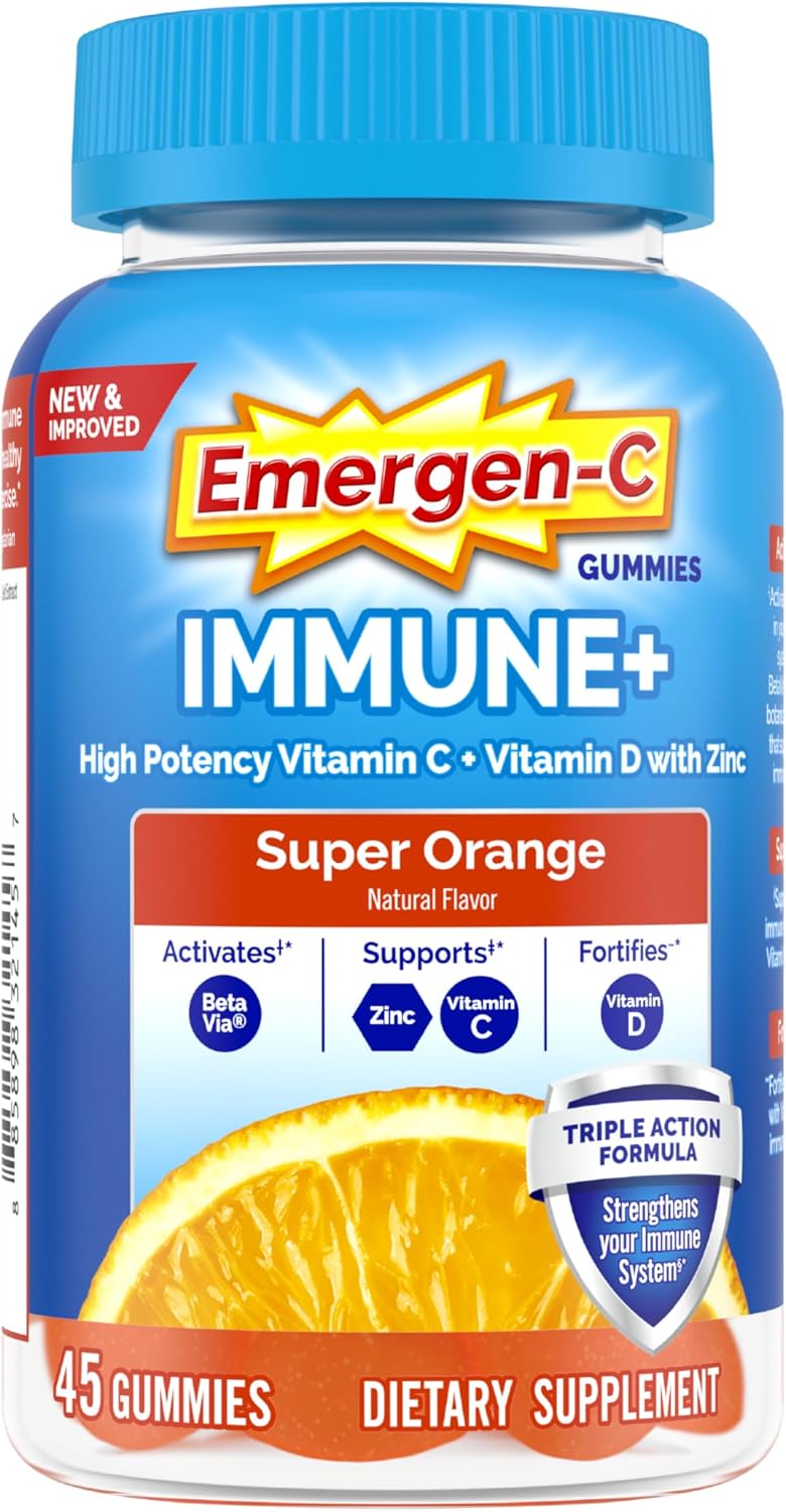 Emergen-C Immune+ Triple Action Immune Support Gummies with BetaVia, 750mg Vitamin C, B Vitamins, Vitamin D and Antioxidants, Super Orange Flavour – 45 Gummies - görsel 1