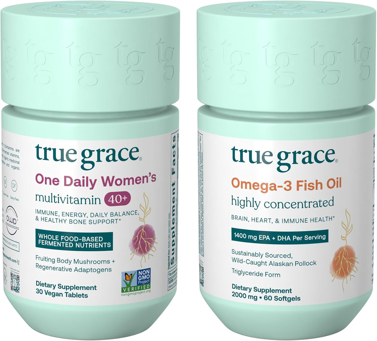 True Grace One Daily Women’s Multivitamin 40+ (30 Vegan Tablets) & Omega-3 Fish Oil (60 Softgels) - Gluten-Free, Soya-Free, Organic - 30-Day Supply of Each - görsel 1