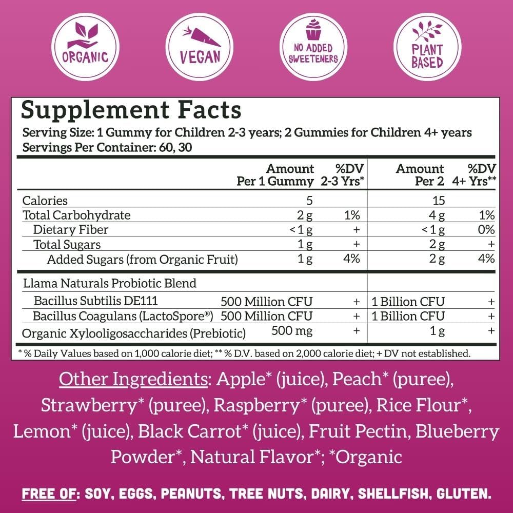 Llama Naturals Kids Probiotic with Prebiotic Fibre, Vegan, Organic Prebiotics and Probiotics Gummies for Gut Health Support, Toddler Real Fruit Gummy Vitamins, No Added Sugar, Mixed Berry, 60 Gummies - görsel 4