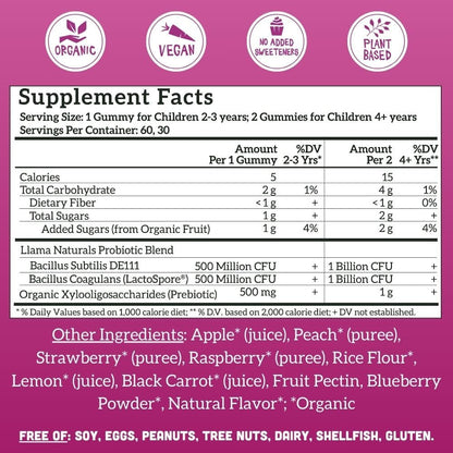Llama Naturals Kids Probiotic with Prebiotic Fibre, Vegan, Organic Prebiotics and Probiotics Gummies for Gut Health Support, Toddler Real Fruit Gummy Vitamins, No Added Sugar, Mixed Berry, 60 Gummies