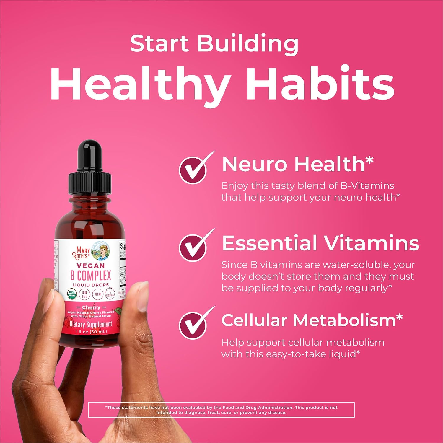 MaryRuth's Organics Vitamin B Complex Liquid Drops - Organic, Vegan, Non-GM, Gluten-free, Cherry Flavour - 2 Month Supply - görsel 5