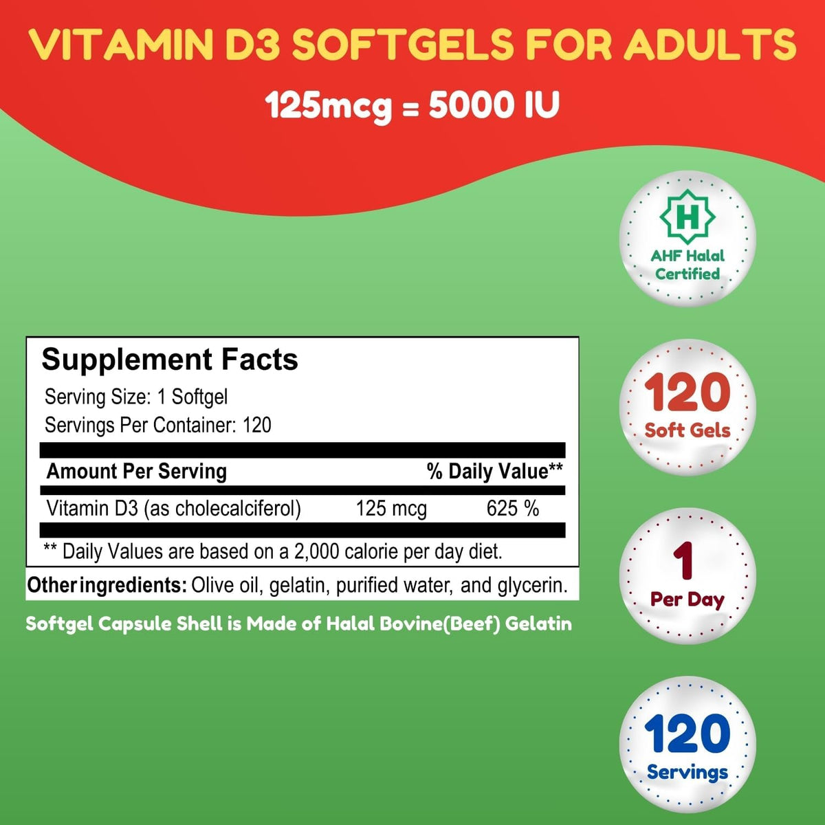 SHIFAA NUTRITION Halal Vitamin D3 5000 IU Softgels - 120 Capsules - görsel 3