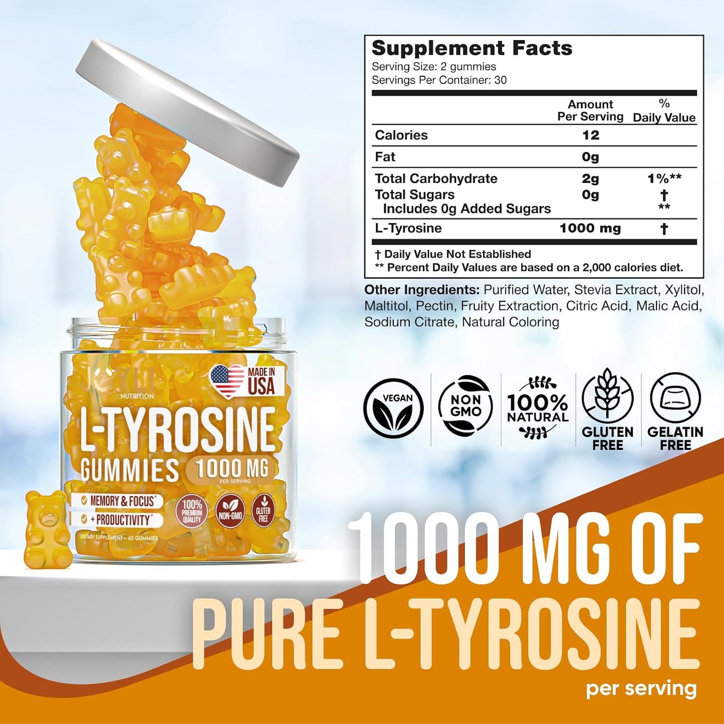 Joyli Nutrition L-Tyrosine Gummies 1000mg - Calm and Focus Supplement - Sugar-Free, Vegan, Gluten-Free - görsel 3